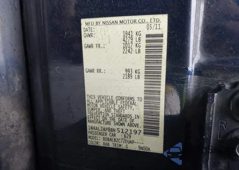 2011 Nissan Altima 2.5 S z USA, uszkodzony, nr VIN 1N4AL2AP8BN512197